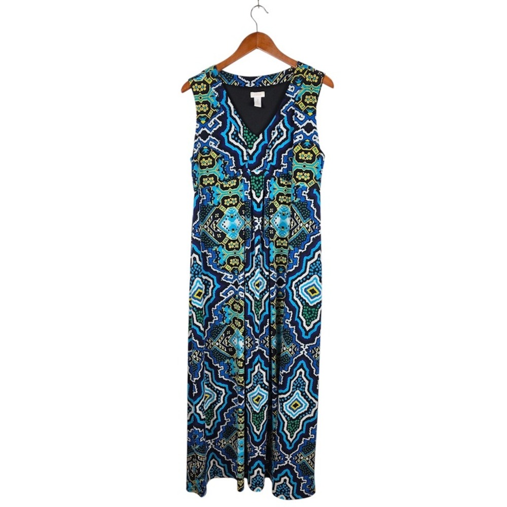 Chico's Maxi Dress Womens 12 Blue Geometric Kaleidoscope Sleeveless V-Neck Maxi